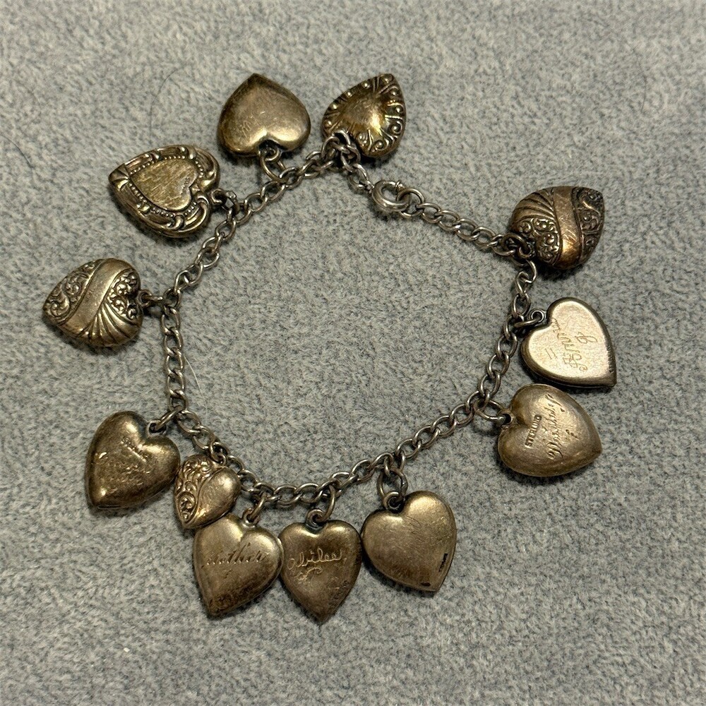 Vintage Forget Me Not Puffy Heart 925 Silver Dangle Charm Bracelet Engrave Names
